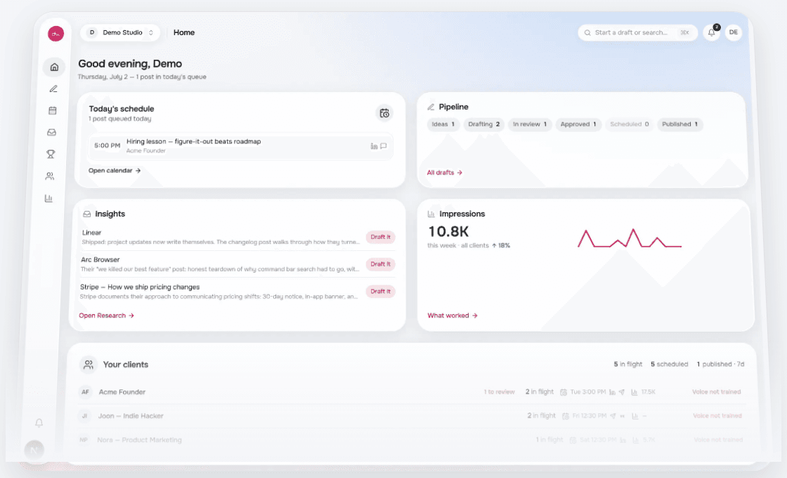 Drafft — the workspace home screen: schedule, pipeline, insights and clients